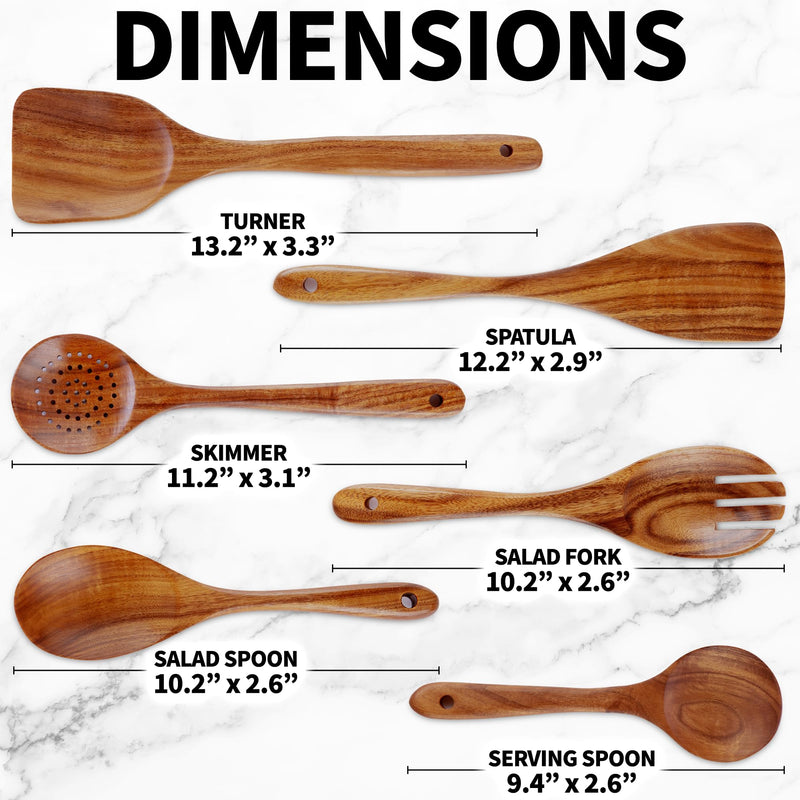 Zulay Kitchen 6-Piece Wooden Spoons for Cooking - Smooth Finish Teak Wooden Utensils for Cooking - Soft Comfort-Grip Wood Spoons for Cooking - Non-Stick Wooden Cooking Utensils - Wooden Spoon Sets
